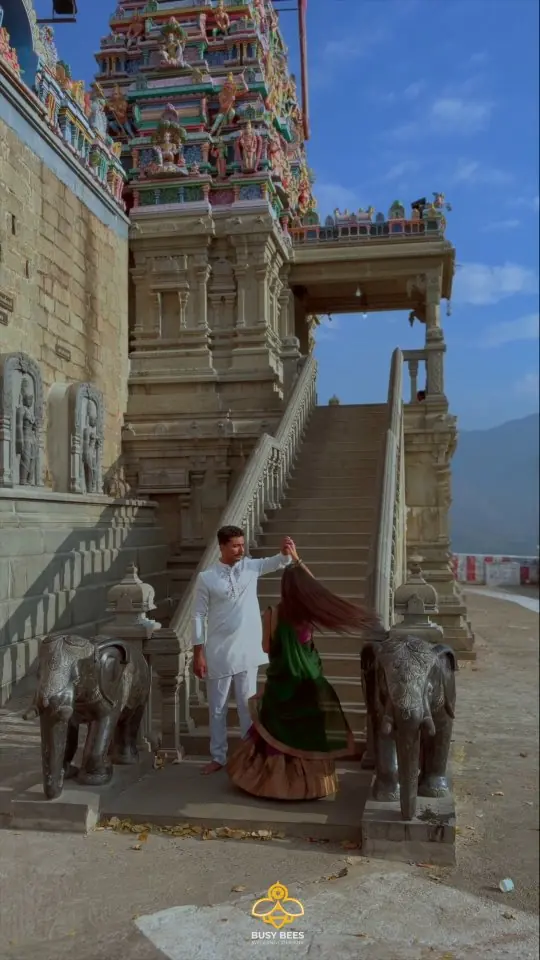 Couple photographed at a South Indian temple gopuram beside carved stone elephants