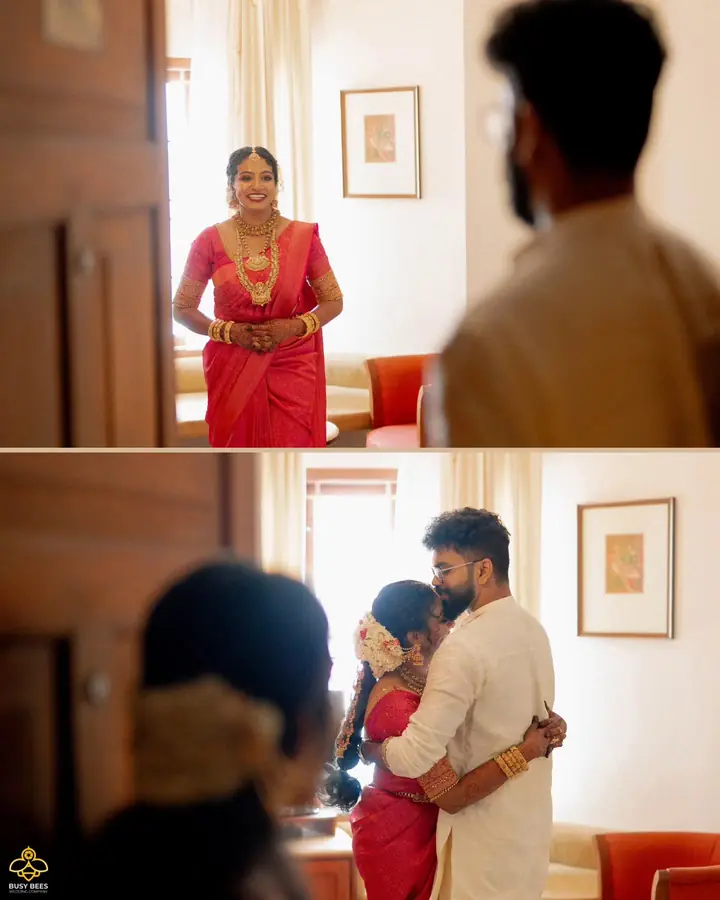 The bride waits in a wood-panelled room before her first look with the groom